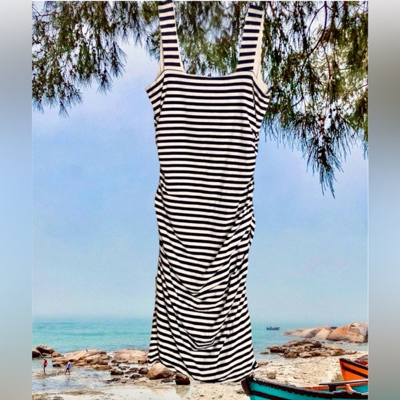 Boden Dress, ruched, Navy & White, striped bodycon, 6L - Picture 3 of 10